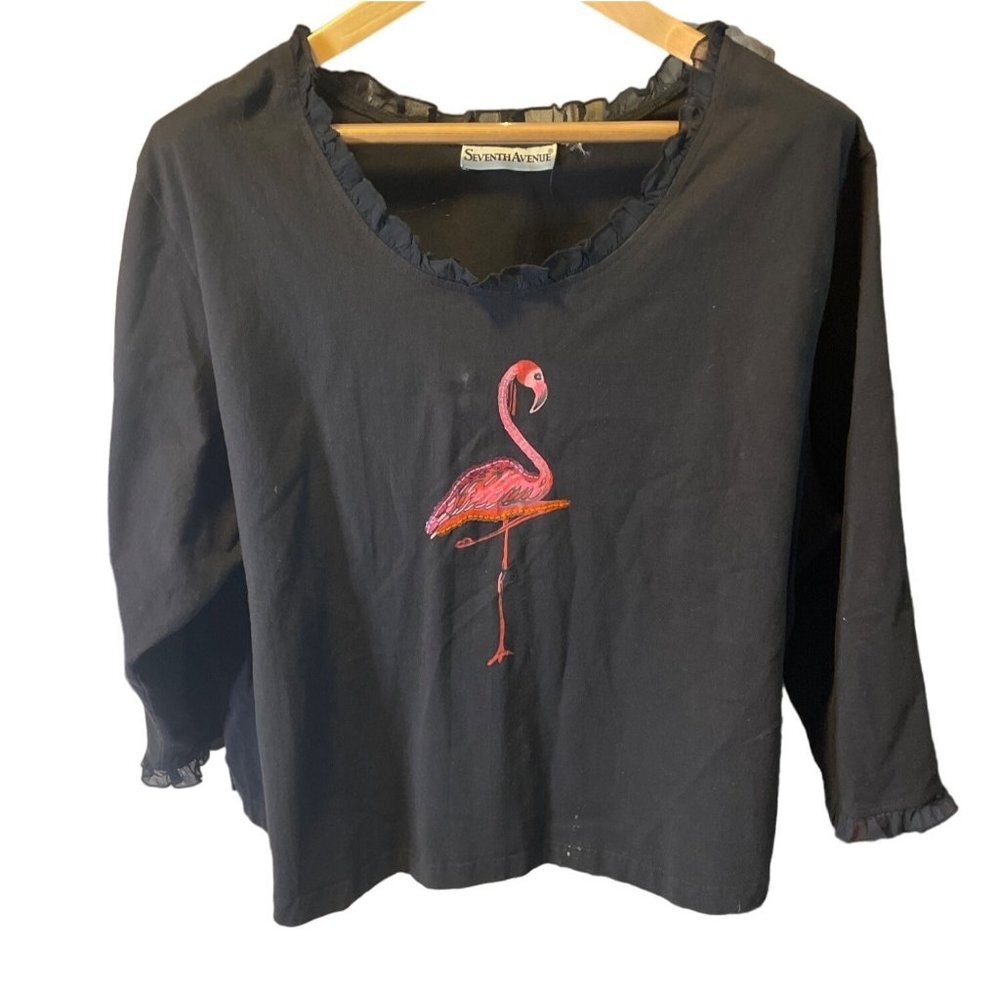 Seventh Ave Pink Flamingo Sparkle Decoration 3/4 Sleeve Black Pullover T Shirt